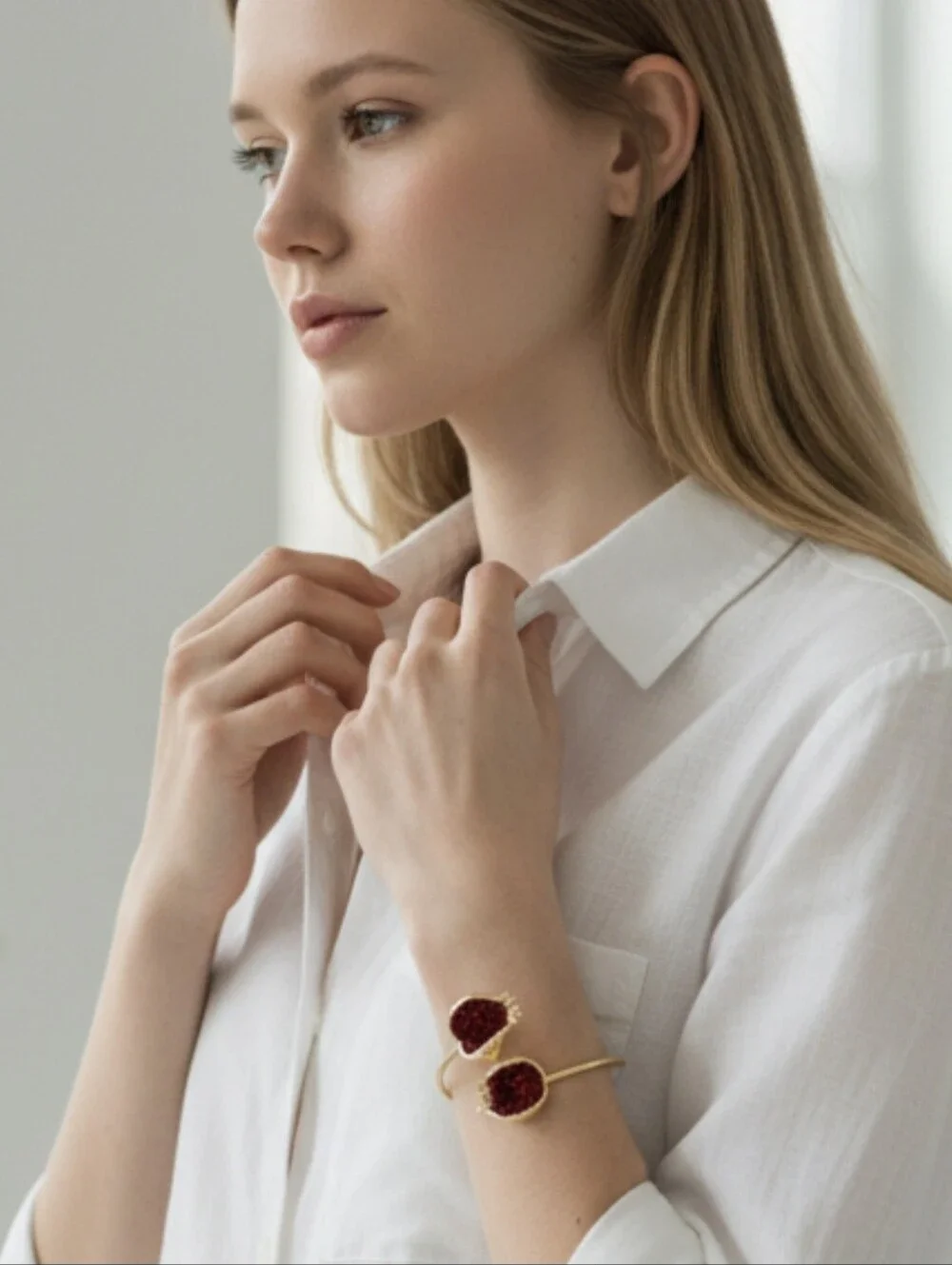 Fab 18k Gold Plated Artisan Genuine Garnet Pomegranate Bypass Bangle Bracelet